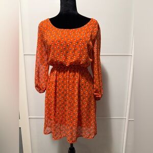 Orange Owl Tie Back Long sleeve Dress